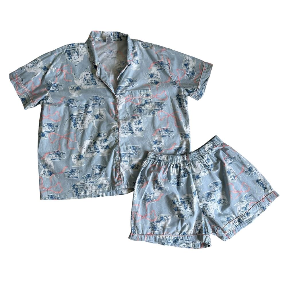 8 Oak Lane 100% Cotton matching PJ Set Tea cups and pink bows button up L/XL
